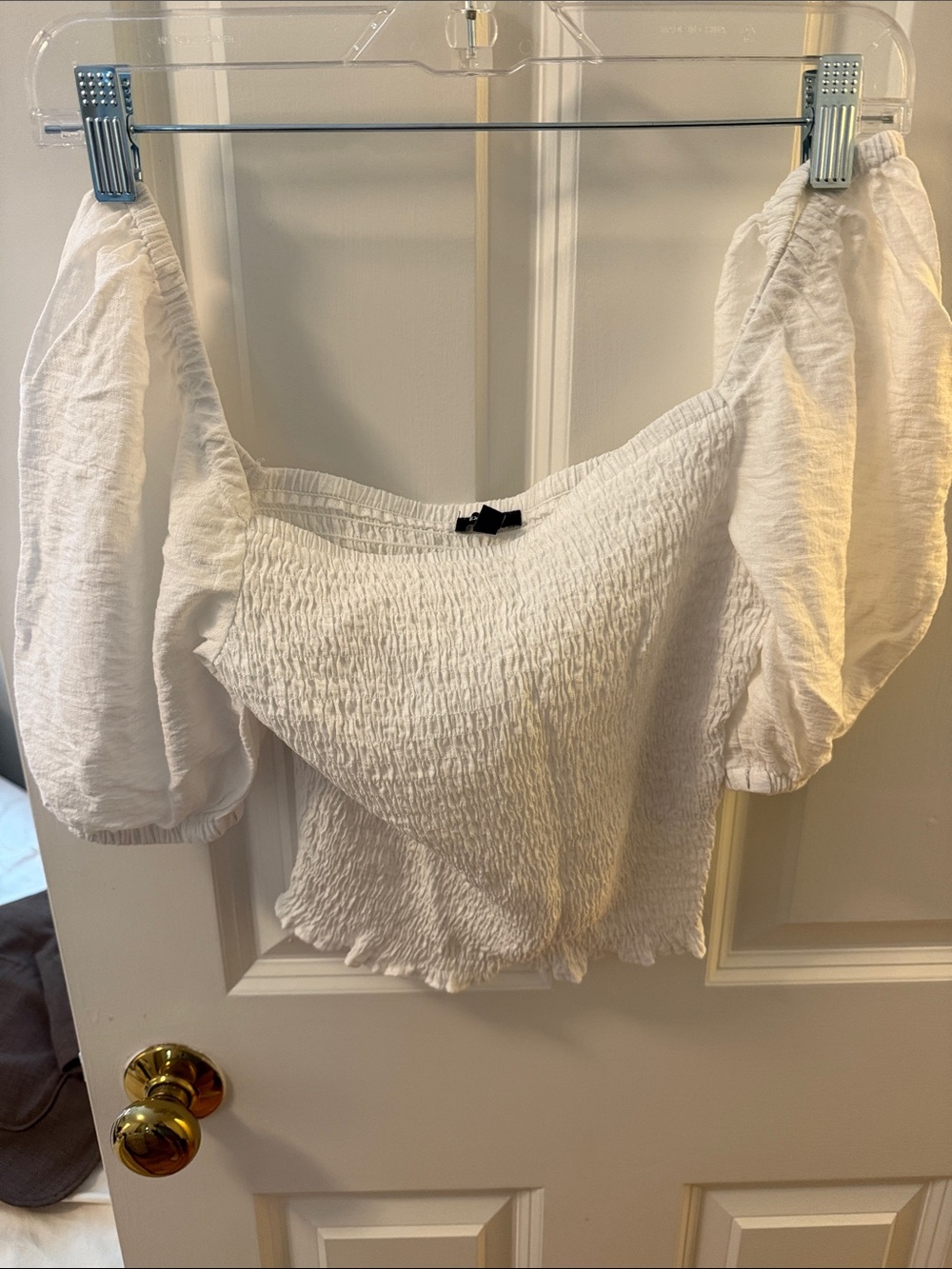 Express White Smocked Off-Shoulder Puff Sleeve Blouse